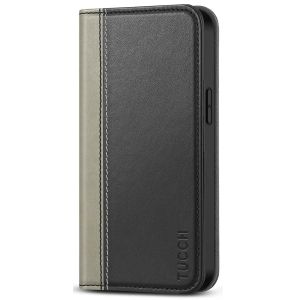TUCCH iPhone 13 Leather Wallet Case, iPhone 13 Wallet Cover, Flip Cover with Stand, Credit Card Slots, Magnetic Closure - Black & Grey