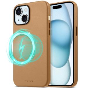 TUCCH iPhone 15 Magnetic PU Leather Case, Magsafe Compatible Slim Shockproof Protective Case with Raised Edges - Brown