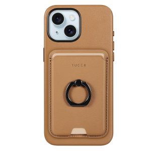 TUCCH Magnetic Case with Removable Wallet Card Holder for iPhone 15, Magsafe Compatible, Raise Edges Protective Case with Finger Grip Stand and RIFD Blocking for Regular iPhone 15 - Brown