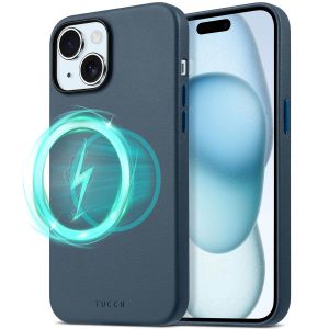 TUCCH iPhone 15 Plus Magnetic PU Leather Case, Magsafe Compatible Slim Shockproof Protective Case with Raised Edges - Blue