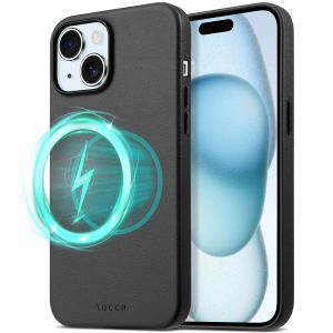 TUCCH iPhone 15 Plus Magnetic PU Leather Case, Magsafe Compatible Slim Shockproof Protective Case with Raised Edges - Black
