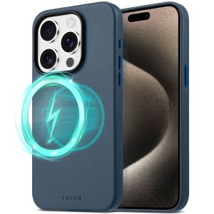 TUCCH iPhone 15 Pro Magnetic PU Leather Case, Magsafe Compatible Shockproof Protective Case with Raised Edges - Blue