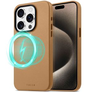 TUCCH iPhone 15 Pro Magnetic PU Leather Case, Magsafe Compatible Shockproof Protective Case with Raised Edges - Brown