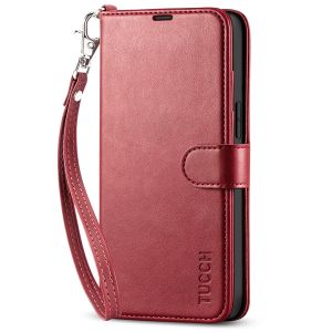 TUCCH iPhone 14 Plus Wallet Case, Mini iPhone 14 Plus 6.7-inch Leather Case, Folio Flip Cover with RFID Blocking, Stand, Credit Card Slots, Magnetic Clasp Closure - Strap - Dark Red