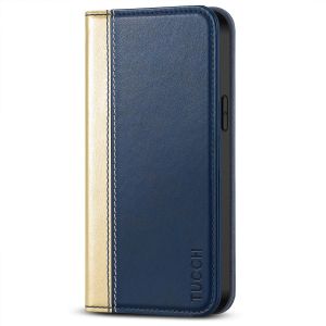 TUCCH iPhone 14 Pro Max Leather Case, iPhone 14 Pro Max PU Wallet Case with Stand Folio Flip Book Cover and Magnetic Closure - Gold &amp; Dark Blue