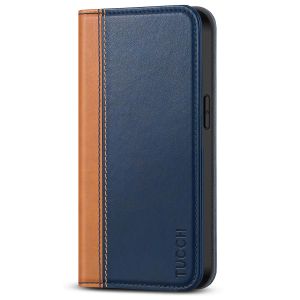TUCCH iPhone 14 Pro Wallet Case, iPhone 14 Pro PU Leather Case with Folio Flip Book Cover, Kickstand, Card Slots, Magnetic Closure - Brown &amp; Dark Blue