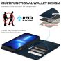 SHIELDON iPhone 13 Wallet Case, iPhone 13 Genuine Leather Cover with RFID Blocking, Book Folio Flip Kickstand Magnetic Closure - Navy Blue - Litchi Pattern