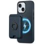 Shieldon iPhone 15 Genuine Leather case with Magnetic Card Holder, 2in1 Removable Card Clip with Stand Metal Ring, RFID Blocking, Raised Edges, Magsafe Compatible - Navy Blue