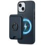 Shieldon iPhone 15 Plus Genuine Leather case with Magnetic Card Holder, 2in1 Detachable Card Clip with Stand Metal Ring, RFID Blocking, Raised Edges, Magsafe Compatible - Navy Blue