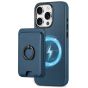 Shieldon iPhone 15 Pro Genuine Leather case with Magnetic Card Holder, 2in1 Detachable Card Clip with Stand Metal Ring, RFID Blocking, Raised Edges, Magsafe Compatible - Royal Blue
