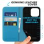 SHIELDON iPhone 14 Pro Max Wallet Case, iPhone 14 Pro Max Genuine Leather Folio Cover - Light Blue - Litchi Pattern