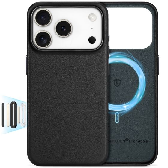 Shieldon Genuine iPhone 17 Pro Leather case, MagSafe Compatible, Wireless Charging, Raised Edges, Slim Fit Elegant Non-Slip Shockproof Protective Phone Case for iPhone 17 Pro 6.3-inch 2025