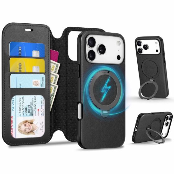TUCCH iPhone 17 Pro Max Detachable Wallet Case with Adjustable 360° Rotation Ring Stand, Wireless Charging, RFID Blocking 3 Card Holders, Magnetic Slim PU Leather Protective Cover for iPhone 17 Pro Max