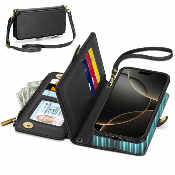 TUCCH iPhone Air Crossbody Bag Wallet Case, iPhone Air Leather Case Detachable 2IN1 Bag Phone Case,  RFID Blocking, Credit Card Slots, Stand, Wrist Strap, Lanyard, Zipper Purse, Magsafe Compatible, Wireless Charging, Magnets Shockproof Phone Cover