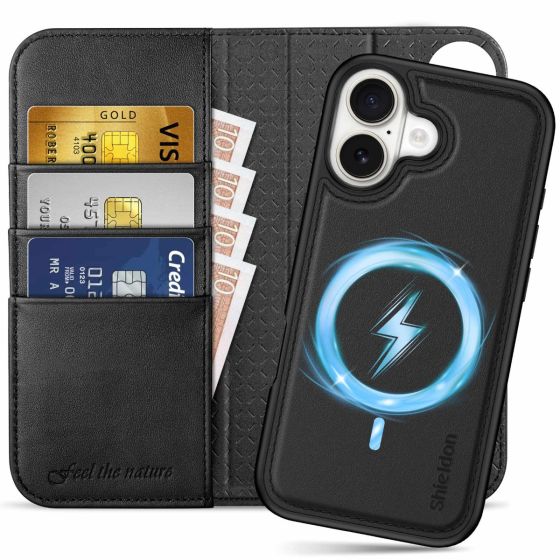 SHIELDON iPhone 17 Case with Wallet, iPhone 17 Leather Case, Genuine Leather Magnetic Detachable Wallet Cover 2IN1 with MagSafe & Wireless Charging Compatible, Raised Edges Credit Card Slots Holder Kickstand Shockproof, Removable Book Fold Folio Flip Prot