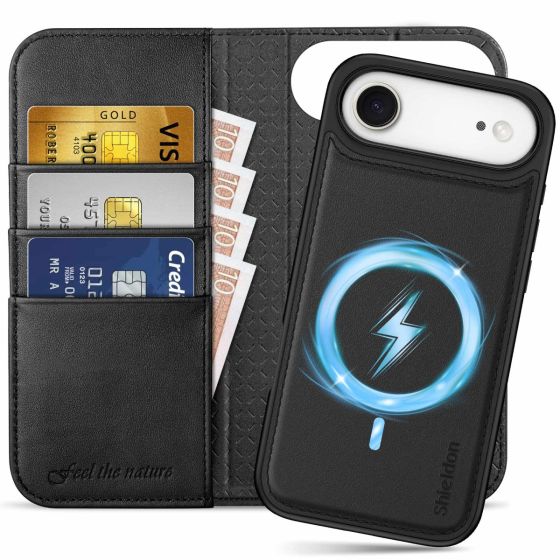 SHIELDON iPhone Air Wallet Case, iPhone Air Genuine Leather Case 2in1, Detachable Magnets Cover, MagSafe Compatible RFID Blocking Credit Card Holder Kickstand Shockproof, Raised Edges, Removable Book Fold Folio Flip Protective Phone Cover