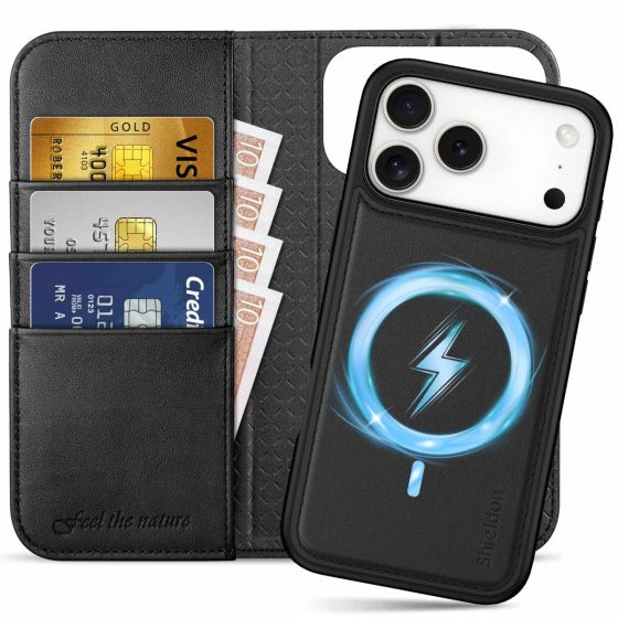 SHIELDON Magnet iPhone 17 Pro Max Wallet Case Detachable, iPhone 17 Pro Max Genuine Leather Case, 2in1, MagSafe Compatible RFID Blocking Card Slots Kickstand Shockproof, Protective, Flip Cover, Removable Phone Holder + Credit Card Wallet