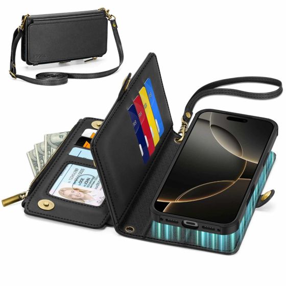 TUCCH iPhone 17 Pro Max Crossbody Bag Wallet Case, iPhone 17 Pro Max Leather Case Bag Detachable,  RFID Blocking, Credit Card Slots, Stand, Wrist Strap, Lanyard, Zipper Purse, Magsafe Compatible, Wireless Charging Support, Magnetic Shockproof Phone Cover