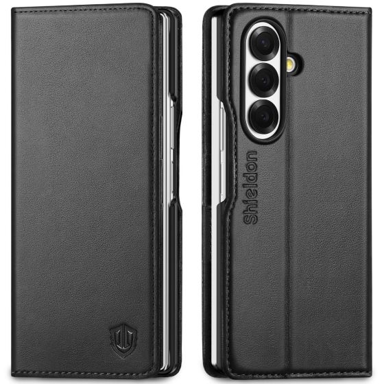 SHIELDON SAMSUNG Galaxy Z Fold7 Genuine Leather Case, SAMSUNG Z Fold 7 Wallet Case, RFID Blocking Card Holder Kickstand Shockproof Flip Folio Book Fold Case Style Magnetic Closure Phone Cover