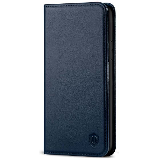 SHIELDON iPhone 11 Wallet Case, Genuine Leather, RFID Blocking, Magnetic Closure - Navy Blue