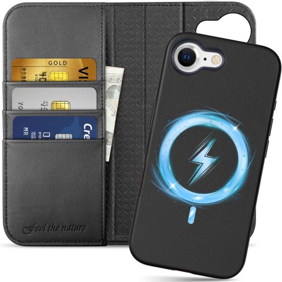 SHIELDON iPhone 16e Genuine Leather Wallet Case, iPhone 16e Detachable Leather Cover 2IN1 with MagSafe & Wireless Charging Compatible, Raised Edges Card Slots Holder Kickstand Shockproof, Removable Book Fold Folio Flip Protective Phone Case