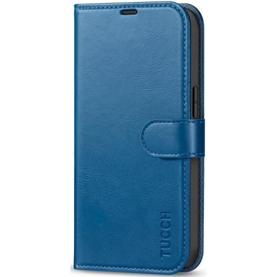 TUCCH iPhone 14 Wallet Case, iPhone 14 PU Leather Case, Folio Flip Cover with RFID Blocking, Credit Card Slots, Magnetic Clasp Closure - Retro Blue