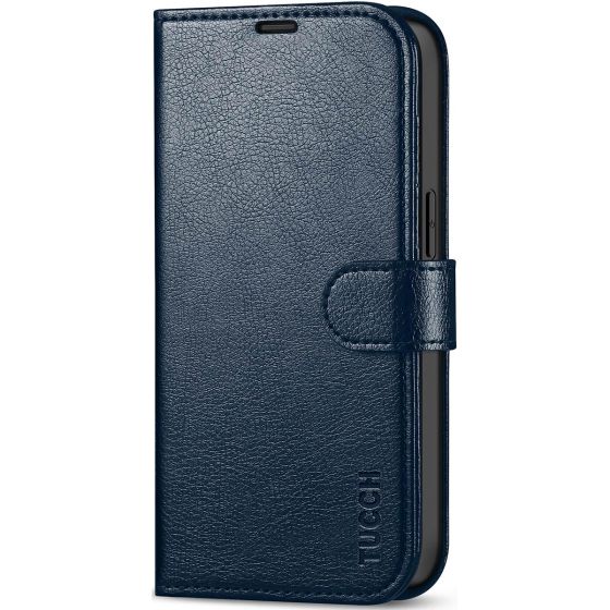TUCCH iPhone 14 Wallet Case, iPhone 14 PU Leather Case, Folio Flip Cover with RFID Blocking, Credit Card Slots, Magnetic Clasp Closure - Full Grain Navy Blue