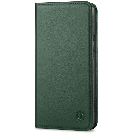 SHIELDON iPhone 15 Plus Genuine Leather Wallet Case, iPhone 15 Plus Kickstand Phone Case - Midnight Green