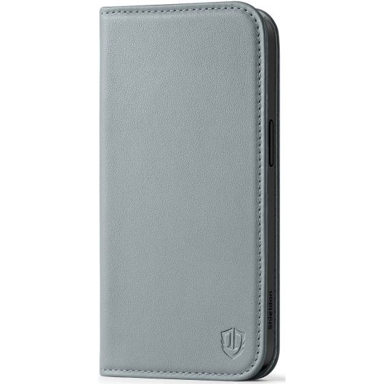 SHIELDON iPhone 15 Pro Genuine Leather Wallet Case, iPhone 15 Pro Mobile Phone Case - Grey