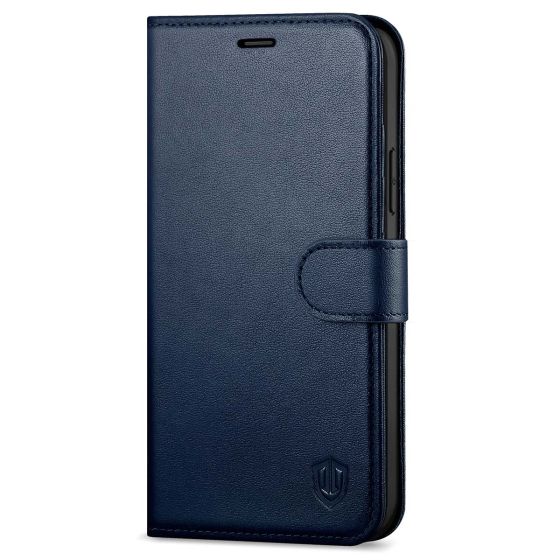 SHIELDON iPhone 12 Mini Leather Case, iPhone 12 Mini Folio Cover with Magnetic Clasp Closure, Genuine Leather, RFID Blocking, Kickstand Phone Case for Mini iPhone 12 5.4-inch 5G Navy Blue