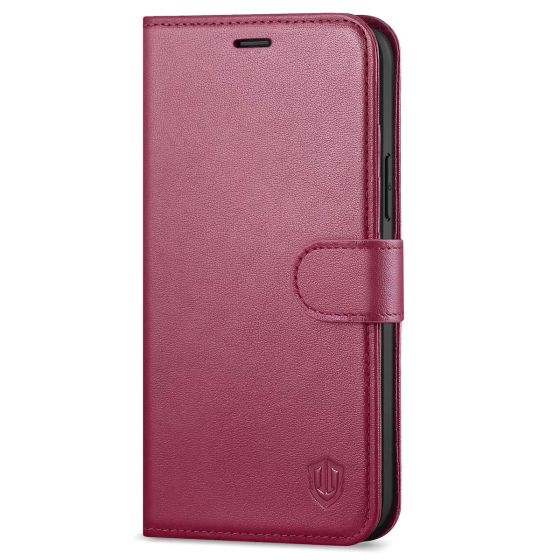 SHIELDON iPhone 13 Pro Max Wallet Case, iPhone 13 Pro Max Genuine Leather Cover with Magnetic Clasp Closure - Red Violet