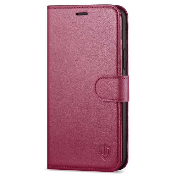 SHIELDON iPhone 13 Pro Wallet Case, iPhone 13 Pro Genuine Leather Cover with Magnetic Clasp - Red Violet