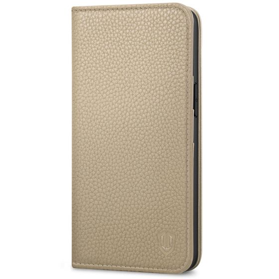 SHIELDON iPhone 13 Wallet Case, iPhone 13 Genuine Leather Cover with RFID Blocking, Book Folio Flip Kickstand Magnetic Closure - Khaki - Litchi Pattern