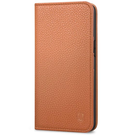 SHIELDON iPhone 13 Wallet Case, iPhone 13 Genuine Leather Cover with RFID Blocking, Book Folio Flip Kickstand Magnetic Closure - Light Brown - Litchi Pattern