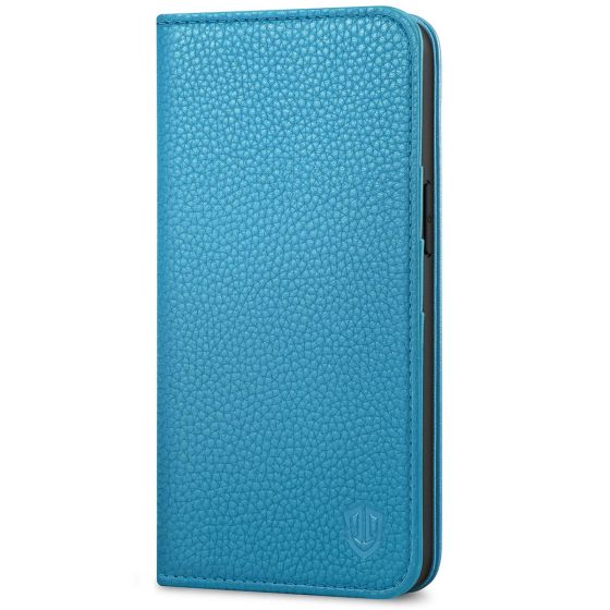 SHIELDON iPhone 13 Wallet Case, iPhone 13 Genuine Leather Cover with RFID Blocking, Book Folio Flip Kickstand Magnetic Closure - Light Blue - Litchi Pattern