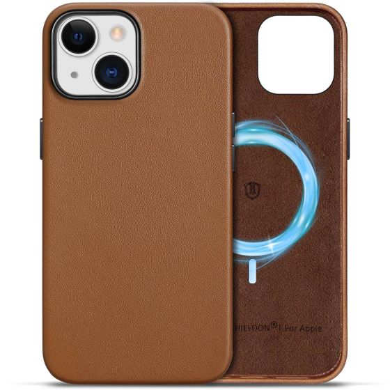 Shieldon iPhone 15 Genuine Leather case, Support Wireless Charging, Raised Edges Slim Fit Non-Slip Shockproof Protective Phone Case for Regular iPhone 15 - Brown