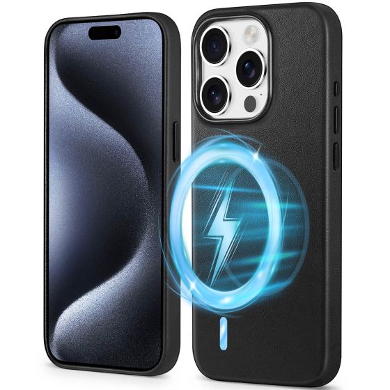 Shieldon iPhone 15 Pro Genuine Leather case, MagSafe Compatible, Raised Edges, Slim Fit Non-Slip Shockproof Protective Phone Case for iPhone 15 Pro - Black