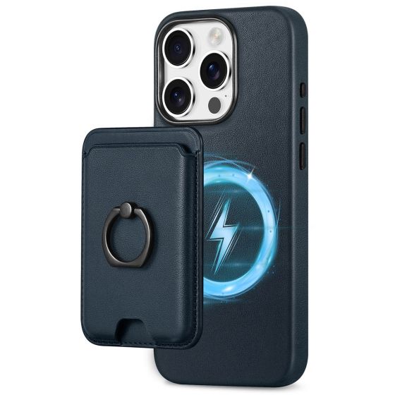 Shieldon iPhone 15 Pro Genuine Leather case with Magnetic Card Holder, 2in1 Detachable Card Clip with Stand Metal Ring, RFID Blocking, Raised Edges, Magsafe Compatible - Navy Blue