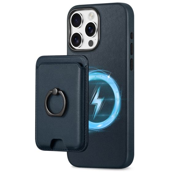 Shieldon iPhone 15 Pro Max Genuine Leather case with Magnetic Card Holder, 2in1 Detachable Card Clip with Stand Metal Ring, RFID Blocking, Raised Edges, Magsafe Compatible - Navy Blue