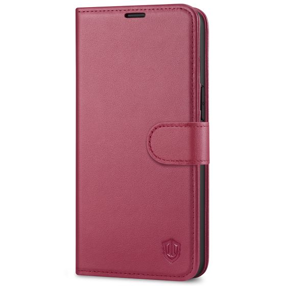 SHIELDON iPhone 14 Wallet Case, iPhone 14 Genuine Leather Cover Book Folio Flip Kickstand Case with Magnetic Clasp - Red Violet