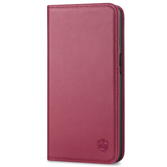 SHIELDON iPhone 14 Wallet Case, iPhone 14 Genuine Leather Cover with RFID Blocking, Book Folio Flip Kickstand Magnetic Closure - Red Violet