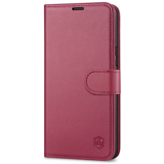 SHIELDON iPhone 14 Plus Wallet Case, iPhone 14 Plus Genuine Leather Cover Book Folio Flip Kickstand Case with Magnetic Clasp - Red Violet