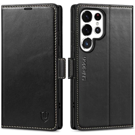 SHIELDON SAMSUNG Galaxy S24 Ultra Wallet Case, SAMSUNG S24 Ultra Leather Cover Flip Folio Book Case - Black - Retro