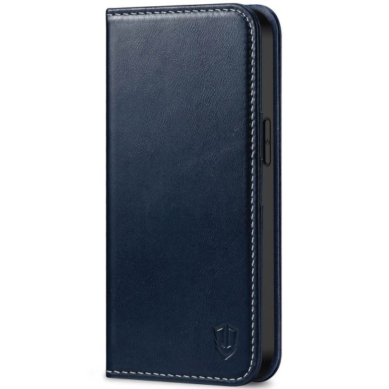 SHIELDON iPhone 13 Wallet Case, iPhone 13 Genuine Leather Cover with RFID Blocking, Book Folio Flip Kickstand Magnetic Closure - Dark Blue - Retro