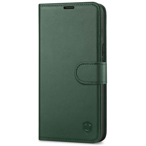 SHIELDON iPhone 14 Wallet Case, iPhone 14 Genuine Leather Cover Book Folio Flip Kickstand Case with Magnetic Clasp - Midnight Green