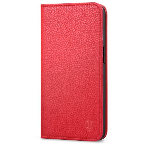 SHIELDON iPhone 14 Wallet Case, iPhone 14 Genuine Leather Cover with RFID Blocking, Book Folio Flip Kickstand Magnetic Closure - Red - Litchi Pattern