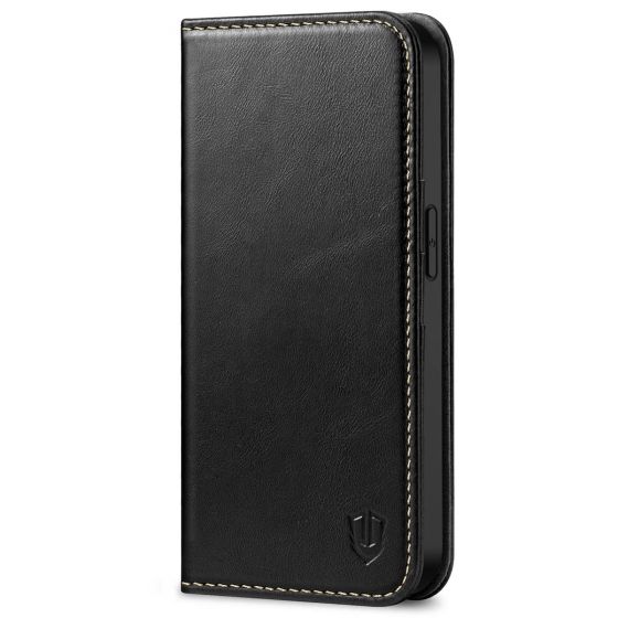 SHIELDON iPhone 14 Wallet Case, iPhone 14 Genuine Leather Cover with RFID Blocking, Book Folio Flip Kickstand Magnetic Closure - Black - Retro