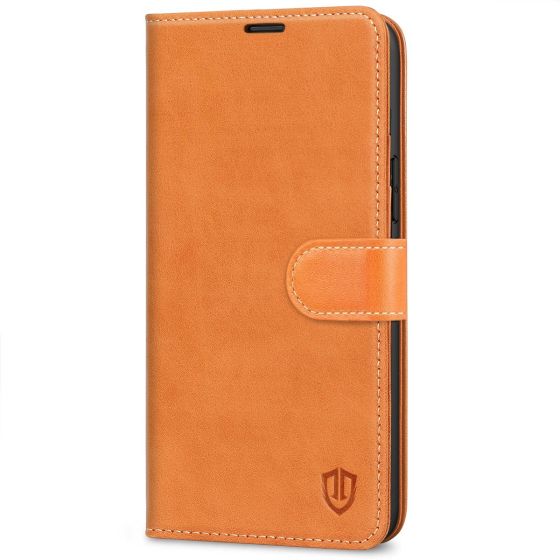 SHIELDON iPhone 14 Plus Wallet Case, iPhone 14 Plus Genuine Leather Cover Book Folio Flip Kickstand Case with Magnetic Clasp - Brown