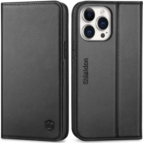 SHIELDON iPhone 14 Pro Max Wallet Case, iPhone 14 Pro Max Genuine Leather Folio Cover - Black