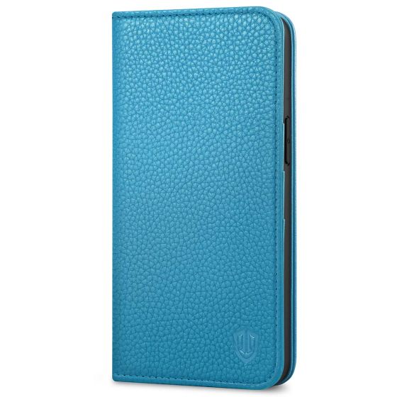 SHIELDON iPhone 14 Pro Max Wallet Case, iPhone 14 Pro Max Genuine Leather Folio Cover - Light Blue - Litchi Pattern